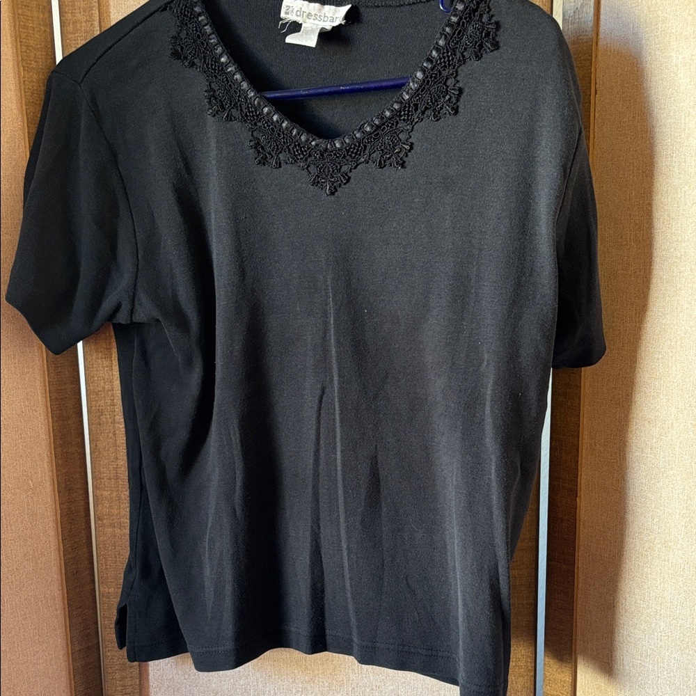 FINAL MARKDOWN Dressbarn Black Short Sleeve Top with Lace Detail large